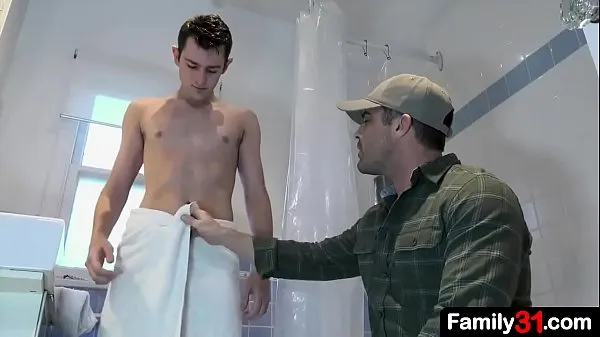 Best Stepdad walks in on the boy taking a shower and is captivated by his youthful body power Clips