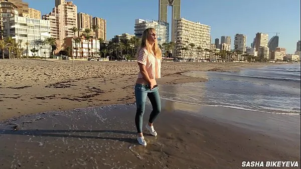Best Wet shoot on a public beach with Crazy Model. Risky outdoor masturbation. Foot fetish. Pee in jeans power Clips